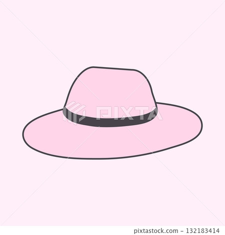 A light pink, brimmed hat is shown on a light pink background. The hat has a black band detail and is outlined in black. Simple cartoon style. 132183414