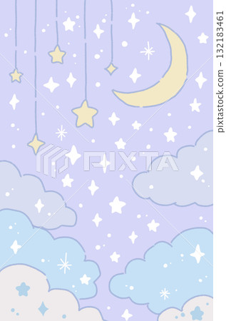 A pop night sky with floating clouds, the moon, and stars 132183461