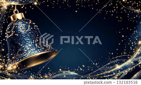 Dark blue background with a large Christmas bell adorned with sparkling decorations and festive elements 132183516
