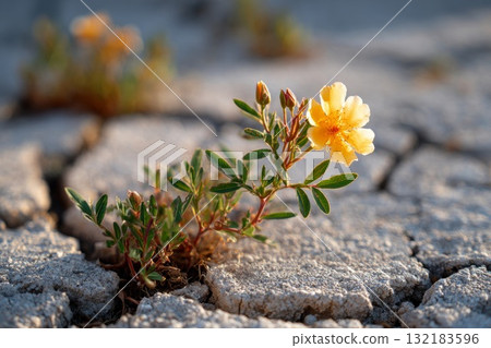 Single flower growing through cracked concrete, symbolizing resilience and isolation in harsh environments Single flower growing through cracked concrete, symbolizing resilience and isolation in harsh environments 132183596