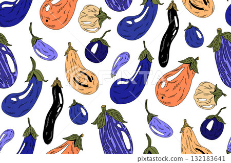 Pattern with blue and orange eggplants on white with black outline, endless illustration for fabric Pattern with blue and orange eggplants on white with black outline, endless illustration for fabric 132183641