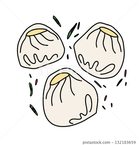 Illustration of Mongolian buuz with spices, dough dumplings with meat in doodle style 132183659