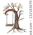 Spooky tree with swing. Hand painted watercolor Halloween design element for haunted illustration, card, or dark landscape. For autumn and fairytale themes. 132183670