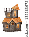 Watercolor haunted house with orange roof. Halloween spooky design element for card, invitation, or night illustration. Great for haunted and mystery themes. 132183672