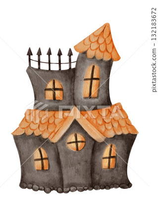 Watercolor haunted house with orange roof. Halloween spooky design element for card, invitation, or night illustration. Great for haunted and mystery themes. 132183672