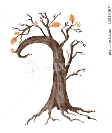 Watercolor spooky tree with autumn leaves. Hand painted Halloween design element perfect for card, invitation, or fall illustration. For autumn or nature themes. Watercolor spooky tree with autumn leaves. Hand painted Halloween design element perfect for card, invitation, or fall illustration. For autumn or nature themes. 132183674