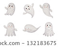 Cute Ghosts Set. Hand painted watercolor adorable Halloween design element for kids card, party, or spooky illustration, for children decor and autumn theme. 132183675