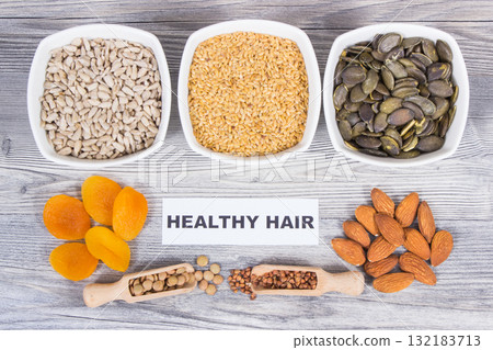 Nutritious food as source differents vitamins and minerals for healthy hair Nutritious food as source differents vitamins and minerals for healthy hair 132183713