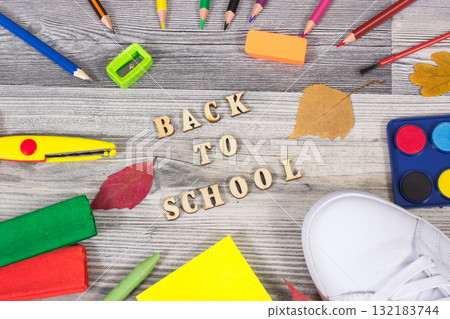 Colorful school supplies and accessories for learning. Development of creativity, back to school Colorful school supplies and accessories for learning. Development of creativity, back to school 132183744