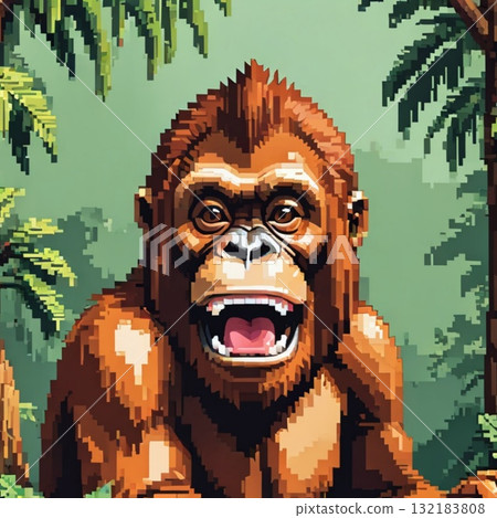 可愛的像素藝術猩猩線郵票風格 132183808