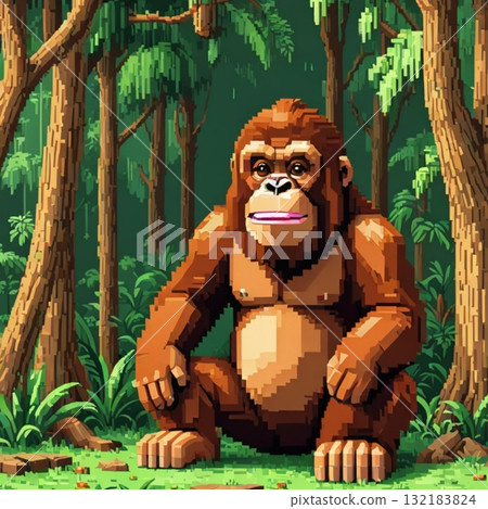 可愛的像素藝術猩猩線郵票風格 132183824