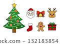 Cute hand-drawn Christmas illustration set (tree, Santa, reindeer, presents) 132183854