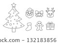 Cute black and white line drawing hand-drawn Christmas illustration set (tree, Santa, reindeer, presents) 132183856