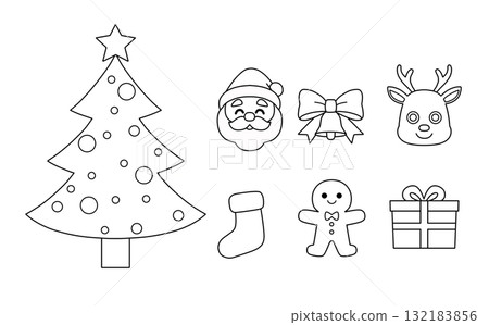 Cute black and white line drawing hand-drawn Christmas illustration set (tree, Santa, reindeer, presents) Cute black and white line drawing hand-drawn Christmas illustration set (tree, Santa, reindeer, presents) 132183856