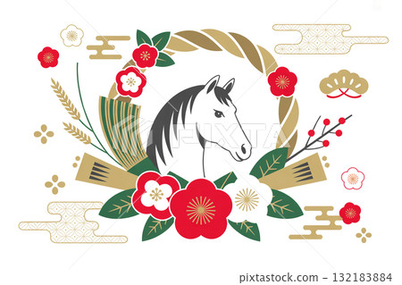 2026年生肖馬注連繩裝飾新年卡片設計 2026年生肖馬注連繩裝飾新年卡片設計 132183884