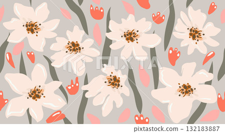 Hand drawn floral seamless patterns. Natural wallpaper, Exotic flowers print decoration. Illustration for fabric, textiles, clothing, wall art, printing and design project, etc. Hand drawn floral seamless patterns. Natural wallpaper, Exotic flowers print decoration. Illustration for fabric, textiles, clothing, wall art, printing and design project, etc. 132183887