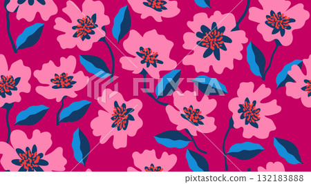 Hand drawn floral seamless patterns. Natural wallpaper, Exotic flowers print decoration. Illustration for fabric, textiles, clothing, wall art, printing and design project, etc. 132183888