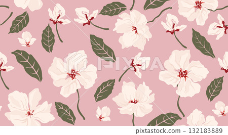 Hand drawn floral seamless patterns. Natural wallpaper, Exotic flowers print decoration. Illustration for fabric, textiles, clothing, wall art, printing and design project, etc. Hand drawn floral seamless patterns. Natural wallpaper, Exotic flowers print decoration. Illustration for fabric, textiles, clothing, wall art, printing and design project, etc. 132183889
