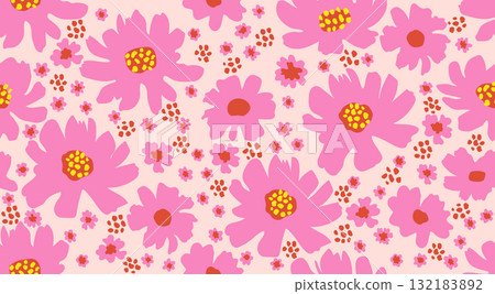 Abstract hand drawn flowers seamless patterns. Natural wallpaper, floral decoration. Illustration for fabric, textiles, clothing, wall art, printing and design project, etc. 132183892