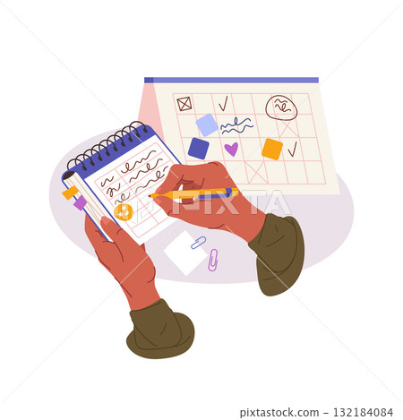 Human hands make notes on paper. Vector plan making illustration. Organizing and planning, handwriting reminder or management journal, to-do or schedule timeline. Personal day planner. Memo, agenda. 132184084
