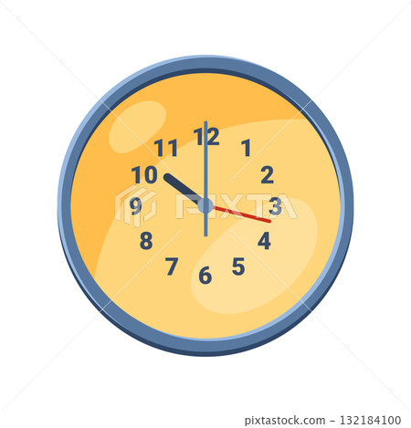Vector wall clock or round retro timepiece. Classic analog or mechanical hanging watch with hours, minutes and seconds pointer. Simple indoor or interior design element. Modern time face lock symbol. Vector wall clock or round retro timepiece. Classic analog or mechanical hanging watch with hours, minutes and seconds pointer. Simple indoor or interior design element. Modern time face lock symbol. 132184100