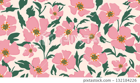 Seamless floral patterns, Abstract hand drawn flowers print decoration. Illustration for fabric, textiles, clothing, wall art, printing and design project, etc. Seamless floral patterns, Abstract hand drawn flowers print decoration. Illustration for fabric, textiles, clothing, wall art, printing and design project, etc. 132184226