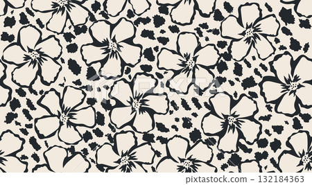 Seamless floral patterns, Abstract hand drawn flowers modern printing in black and white background. Illustration for fabric, textiles, wallpaper, wall art, decoration and design project, etc. 132184363