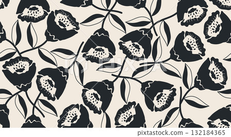 Flower black and white seamless pattern. Abstract floral background. Illustration for fabric, textiles, wallpaper, wall art, decoration and design project, etc. Flower black and white seamless pattern. Abstract floral background. Illustration for fabric, textiles, wallpaper, wall art, decoration and design project, etc. 132184365
