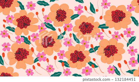 Seamless floral patterns, Abstract hand drawn flowers print decoration. Illustration for fabric, textiles, clothing, wall art, printing and design project, etc. 132184451