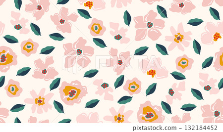 Seamless floral patterns, Abstract hand drawn flowers print decoration. Illustration for fabric, textiles, clothing, wall art, printing and design project, etc. Seamless floral patterns, Abstract hand drawn flowers print decoration. Illustration for fabric, textiles, clothing, wall art, printing and design project, etc. 132184452