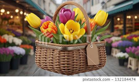 A beautiful basket of colorful tulips at a flower shop. A beautiful basket of colorful tulips at a flower shop. 132184474