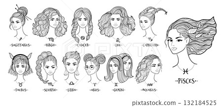 Zodiac women line art set 132184525