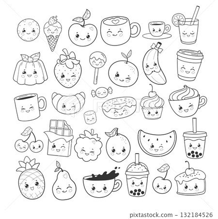 Black and white cute food and drinks set Black and white cute food and drinks set 132184526