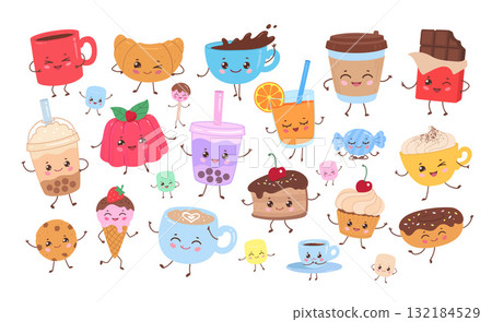 Cute drinks and desserts characters set 132184529