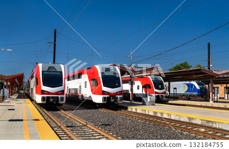 Passenger commuter trains at San Jose Diridon station in California, United States Passenger commuter trains at San Jose Diridon station in California, United States 132184755