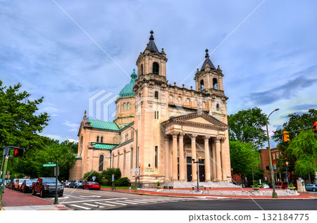Cathedral of the Sacred Heart in Richmond, Virginia, United States. Viewed from Monroe Park, it features twin bell towers and a large green copper dome 132184775