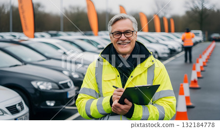 Smiling car salesman with clipboard stands in front of new vehicles at dealership 132184778