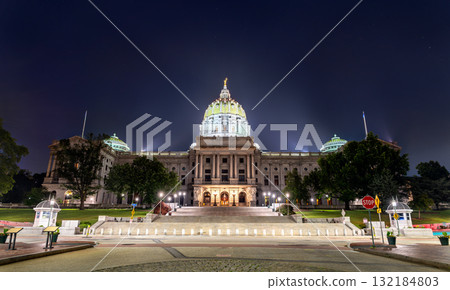 The Pennsylvania State Capitol in Harrisburg, Pennsylvania, USA. The historic Beaux-Arts building is viewed from its grand main entrance on a clear night The Pennsylvania State Capitol in Harrisburg, Pennsylvania, USA. The historic Beaux-Arts building is viewed from its grand main entrance on a clear night 132184803