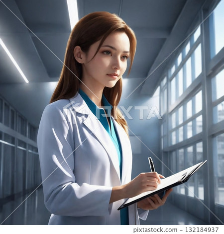Professional medical and research scene with a person in a white coat taking notes in a modern hallway Professional medical and research scene with a person in a white coat taking notes in a modern hallway 132184937