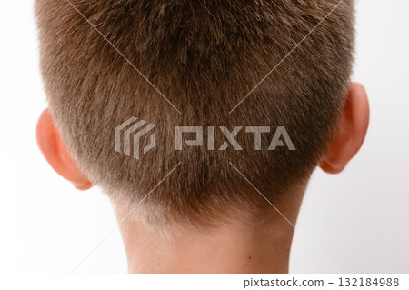 Close-up view of the back of a child's head, showcasing short brown hair and ears. Close-up view of the back of a child's head, showcasing short brown hair and ears. 132184988