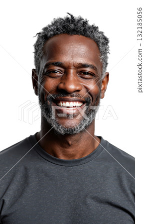 Man Senior Smiling. An older Black man with short, greying hair and a grey beard, wearing a dark grey t-shirt Man Senior Smiling. An older Black man with short, greying hair and a grey beard, wearing a dark grey t-shirt 132185056