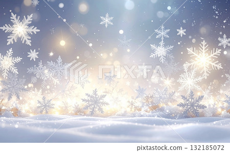 A fantastic winter scene with beautiful snowflakes shining in the snow 132185072
