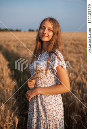 Beautiful young girl in field of ripe grain lit by warm rays of last summer rays. Portrait of a young girl at sunset 132185269