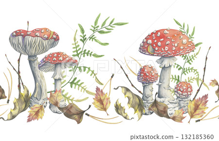 Fly agaric autumn seamless border. Hand painted watercolor illustration with bright mushrooms, dry leaves, fern and pine needles. Picturesque amanita. Perfect for seasonal design and fabric prints Fly agaric autumn seamless border. Hand painted watercolor illustration with bright mushrooms, dry leaves, fern and pine needles. Picturesque amanita. Perfect for seasonal design and fabric prints 132185360