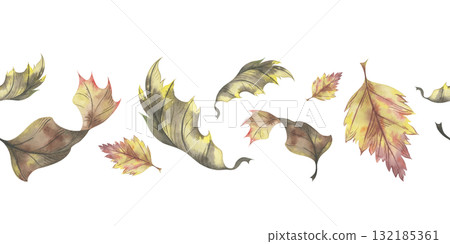 Autumn dry leaves seamless border. Hand painted watercolor illustration. Natural fall foliage design for wrapping paper, fabric and seasonal decoration 132185361