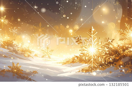 美麗的雪晶在雪中閃閃發光,金色的冬日景色令人驚嘆 美麗的雪晶在雪中閃閃發光,金色的冬日景色令人驚嘆 132185501