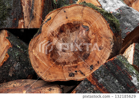 Natural wooden logs stacked with textured surfaces and copy space for design purposes Natural wooden logs stacked with textured surfaces and copy space for design purposes 132185629