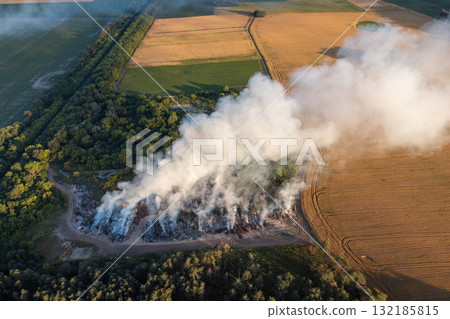 Drone photo of burning wastes at garbage site. Polluting air with dangerous toxic gases of burnt wastes Drone photo of burning wastes at garbage site. Polluting air with dangerous toxic gases of burnt wastes 132185815