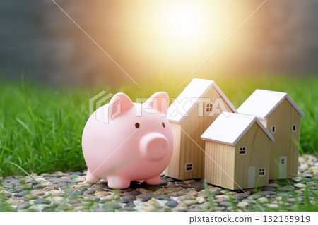 The pink pig and wooden house model represents the concept of investment and saving money. 132185919