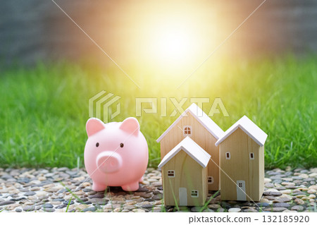 The pink pig and wooden house model represents the concept of investment and saving money. The pink pig and wooden house model represents the concept of investment and saving money. 132185920